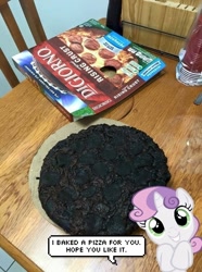 Size: 446x600 | Tagged: safe, imported from derpibooru, sweetie belle, pony, unicorn, baked bads, bread, burnt, charred, cute, diasweetes, digiorno, female, filly, foal, food, irl, photo, pizza, ponies in real life, solo, sweetie belle can't cook, sweetie fail, toast, vector, you had one job