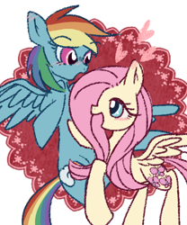 Size: 500x600 | Tagged: safe, artist:kemonomo, imported from derpibooru, fluttershy, rainbow dash, blushing, female, flutterdash, heart, lesbian, shipping