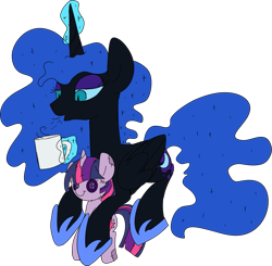 Size: 1131x1108 | Tagged: safe, artist:taaffeiite, deleted from derpibooru, imported from derpibooru, nightmare moon, twilight sparkle, alicorn, pony, coffee mug, ethereal mane, female, implied twimoon, magic, mare, mug, simple background, solo, telekinesis, transparent background, twilight sparkle plushie