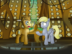 Size: 1280x960 | Tagged: safe, artist:mkogwheel, imported from derpibooru, derpy hooves, doctor whooves, time turner, pegasus, pony, doctor who, eye reflection, female, fob watch, mare, tardis, tardis console room, tardis control room, the doctor