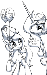 Size: 313x502 | Tagged: safe, artist:stoic5, imported from derpibooru, princess celestia, oc, oc:dizzy cream, balloon, flockmod, grayscale, monochrome, reaction image, simple background, white background