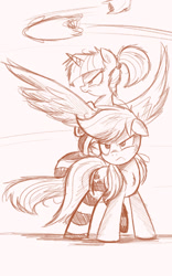 Size: 2500x4000 | Tagged: safe, artist:ncmares, imported from derpibooru, applejack, twilight sparkle, alicorn, pony, ask, big-apple-pony, clothes, female, frown, mare, monochrome, pillow, pillow fight, serious face, sketch, socks, striped socks, tumblr, twilight sparkle (alicorn)