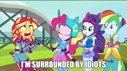 Size: 800x450 | Tagged: safe, artist:pinkiesofialover, edit, edited screencap, imported from derpibooru, screencap, pinkie pie, rainbow dash, rarity, sunset shimmer, equestria girls, friendship games, discovery family logo, image macro, imgflip, meme, ponied up, the lion king
