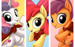 Size: 2560x1600 | Tagged: safe, artist:mysticalpha, imported from derpibooru, apple bloom, scootaloo, sweetie belle, pony, cmc cape, cutie mark crusaders, looking at you, open mouth, underhoof
