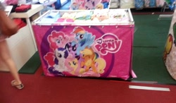 Size: 960x561 | Tagged: safe, imported from derpibooru, applejack, fluttershy, pinkie pie, rainbow dash, rarity, twilight sparkle, clothes, irl, malaysia, mane six, mane six opening poses, my little pony logo, photo, picture taken with a potato