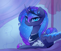 Size: 1600x1344 | Tagged: dead source, safe, artist:magnaluna, imported from derpibooru, princess luna, oc, oc:zefiroth, dragon, eastern dragon, canon x oc, looking at you, plushie, prone, shipping, solo