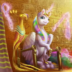 Size: 1000x1000 | Tagged: safe, artist:gor1ck, imported from derpibooru, philomena, princess celestia, phoenix, pony, ancient egypt, broken leg, ear fluff, egyptian, egyptian headdress, egyptian pony, female, mare, pharaoh, praise the sun, ra celestia, regalia, solo, throne