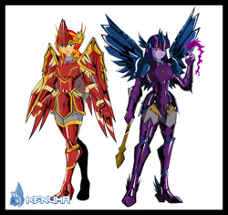 Size: 1251x1181 | Tagged: safe, artist:kenuma, imported from derpibooru, sunset shimmer, twilight sparkle, twilight sparkle (alicorn), equestria girls, crossover, saint seiya