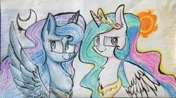 Size: 823x459 | Tagged: safe, artist:louderpony, imported from derpibooru, princess celestia, princess luna, moon, sun, traditional art