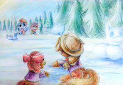 Size: 1200x829 | Tagged: safe, artist:camyllea, imported from derpibooru, apple bloom, applejack, rainbow dash, scootaloo, snow, snowball, snowball fight, traditional art