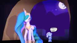 Size: 1920x1080 | Tagged: safe, artist:pontuskay, deleted from derpibooru, imported from derpibooru, princess celestia, oc, oc:snowdrop, 3d, gmod, mare in the moon, moon, night, sad