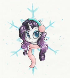 Size: 2089x2325 | Tagged: safe, artist:pumpkinkikile, imported from derpibooru, rarity, clothes, earmuffs, female, portrait, scarf, snow, solo, traditional art