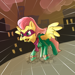 Size: 2000x2000 | Tagged: safe, artist:whazzam95, imported from derpibooru, fluttershy, saddle rager, pony, power ponies (episode), angry, female, power ponies, solo