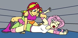 Size: 1024x502 | Tagged: safe, artist:avispaneitor, imported from derpibooru, fluttershy, sunset shimmer, equestria girls, clothes, equestria girls outfit, equestria girls wrestling series, midriff, sports bra, submission, submission hold, tanktop, wrestling