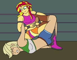 Size: 1010x792 | Tagged: safe, artist:avispaneitor, imported from derpibooru, applejack, sunset shimmer, equestria girls, belly button, clothes, equestria girls wrestling series, midriff, sports bra, submission, submission hold, wrestling, wrestling ring
