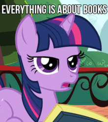 Size: 427x486 | Tagged: safe, edit, edited screencap, imported from derpibooru, screencap, twilight sparkle, applebuck season, animated, book, bookhorse, female, meme, solo, text, that pony sure does love books