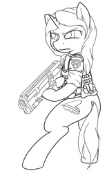Size: 866x1400 | Tagged: safe, artist:monanniverse, derpibooru exclusive, imported from derpibooru, oc, oc only, oc:mona, pony, semi-anthro, bipedal, grayscale, gun, monochrome, simple background, solo, weapon, white background, x-com, xcom 2