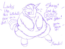 Size: 800x600 | Tagged: safe, artist:plaguedevil, imported from derpibooru, shining armor, pony, unicorn, bhm, fat, fat shaming, insult, male, monochrome, morbidly obese, obese, shining blubber, sketch, solo, stallion, teasing, text