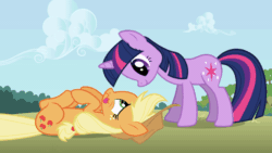 Size: 998x562 | Tagged: safe, imported from derpibooru, screencap, applejack, twilight sparkle, pony, applebuck season, animated, female, on back, silly, silly pony, tongue out, wavy mouth