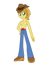 Size: 1024x1365 | Tagged: safe, artist:disneythx, artist:ferrokiva, edit, imported from derpibooru, braeburn, equestria girls, bare chest, belt, clothes, equestria girls-ified, male, pants, solo, topless