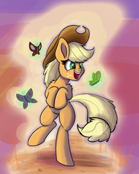 Size: 1000x1250 | Tagged: safe, artist:heir-of-rick, imported from derpibooru, applejack, butterfly, pony, daily apple pony, bipedal, cute, female, impossibly large ears, jackabetes, silly, silly pony, smiling, solo