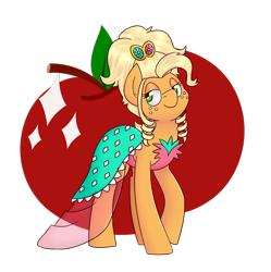 Size: 1067x1070 | Tagged: safe, artist:melodicmarzipan, artist:notenoughapples, imported from derpibooru, applejack, earth pony, pony, alternate hairstyle, apple, applejewel, clothes, collaboration, dress, female, food, jewelry, simple background, solo, transparent background