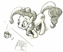Size: 1280x1066 | Tagged: safe, artist:matugi, imported from derpibooru, pinkie pie, black and white, coffee, female, food, grayscale, grin, heart, letter, monochrome, pinkie found the coffee, prank, solo, sugarcube, traditional art, xk-class end-of-the-world scenario