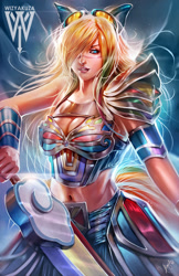 Size: 600x927 | Tagged: safe, artist:wizyakuza, imported from derpibooru, rainbow dash, human, armor, belly button, cleavage, eared humanization, female, goggles, humanized, midriff, solo, sword, tailed humanization, unconvincing armor, weapon