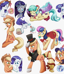 Size: 776x900 | Tagged: dead source, safe, artist:foresterrr, imported from derpibooru, applejack, bon bon, coco pommel, rarity, sweetie drops, applejack also dresses in style, blanket, candy, candy bag, card, food, hair dryer, hat, hay stalk, hoofshake, levitation, magic, magician outfit, mirror, mouth hold, pixiv, telekinesis, top hat, towel, wet, wet mane, wet mane rarity