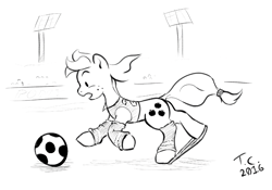 Size: 1150x804 | Tagged: safe, artist:tail-call, imported from derpibooru, applejack, black and white, clothes, football, grayscale, socks, tripped