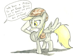 Size: 1243x952 | Tagged: safe, artist:matugi, imported from derpibooru, derpy hooves, pegasus, pony, army helmet, dialogue, female, helmet, mail, mailbag, mare, mouth hold, salute, solo, traditional art