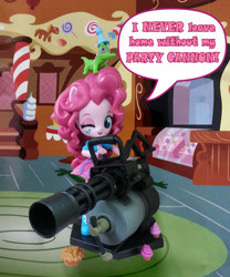 Size: 1000x1204 | Tagged: safe, artist:texasuberalles, imported from derpibooru, gummy, pinkie pie, alligator, human, equestria girls, clothes, cupcake, dialogue, doll, duo, equestria girls minis, eqventures of the minis, food, gun, hat, heavy, heavy weapons pie, minigun, party hat, skirt, smiling, sugarcube corner, team fortress 2, toy, weapon, wink