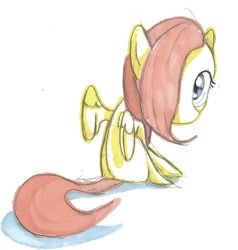 Size: 1012x1063 | Tagged: safe, artist:matugi, imported from derpibooru, fluttershy, chibi, cute, female, hair over one eye, looking back, shyabetes, sitting, solo, traditional art