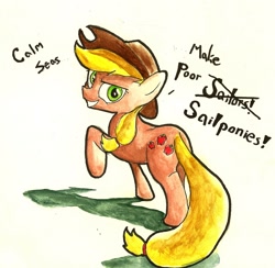 Size: 1280x1250 | Tagged: safe, artist:matugi, imported from derpibooru, applejack, female, grin, looking back, raised hoof, solo, traditional art