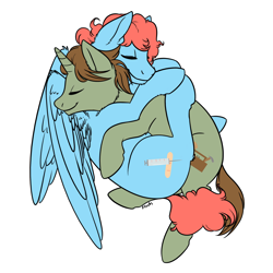 Size: 2100x2100 | Tagged: safe, artist:floots, imported from derpibooru, oc, oc only, oc:chisel, oc:stitch, pegasus, pony, unicorn, commission, cuddling, on side, side, simple background, snuggling