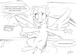 Size: 1280x904 | Tagged: safe, artist:silfoe, imported from derpibooru, twilight sparkle, alicorn, pony, royal sketchbook, fanfic, female, grayscale, mare, misspelling, monochrome, nervous, sketch, solo, sweat, twilight sparkle (alicorn), wide eyes