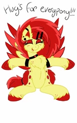 Size: 800x1280 | Tagged: safe, artist:php62, imported from derpibooru, oc, oc only, oc:ruby splash, fluffy, hug, question and answer, solo, unshorn fetlocks