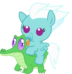 Size: 986x1017 | Tagged: safe, artist:red4567, imported from derpibooru, fleetfoot, gummy, pony, baby, baby pony, cute, diafleetes, fleetfoot riding gummy, pacifier, ponies riding gators, recolor, riding, weapons-grade cute