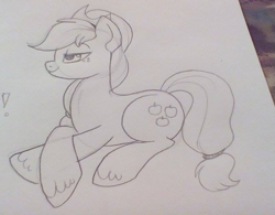 Size: 657x513 | Tagged: safe, artist:lulubell, imported from derpibooru, applejack, female, monochrome, sketch, solo, traditional art