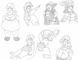 Size: 3250x2533 | Tagged: safe, artist:catstuxedo, imported from derpibooru, rarity, sweetie belle, human, luna eclipsed, magic duel, scare master, the show stoppers, twilight time, barefoot, chubby, clothes, costume, fat, feet, horned humanization, humanized, monochrome, nightmare night costume, scene interpretation, simple background, sweetie belly, swimsuit, white background