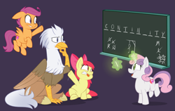 Size: 1585x1000 | Tagged: safe, artist:metalmane, imported from derpibooru, apple bloom, scootaloo, sweetie belle, oc, oc:silver quill, classical hippogriff, hippogriff, cutie mark, cutie mark crusaders, hangman, non-pony oc, the cmc's cutie marks