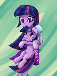 Size: 1024x1365 | Tagged: safe, artist:megagibs, imported from derpibooru, twilight sparkle, alicorn, pony, equestria girls, cute, holding a pony, human ponidox, looking at each other, looking at someone, smiling, twiabetes, twilight sparkle (alicorn)