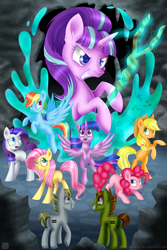 Size: 1000x1500 | Tagged: safe, artist:swanlullaby, imported from derpibooru, applejack, fluttershy, pinkie pie, rainbow dash, rarity, starlight glimmer, twilight sparkle, alicorn, pony, the cutie map, equal cutie mark, female, grin, mane six, mare, s5 starlight, smiling, staff, staff of sameness, twilight sparkle (alicorn)