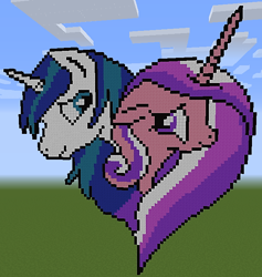 Size: 656x691 | Tagged: safe, artist:cassadriel, imported from derpibooru, princess cadance, shining armor, cute, female, game screencap, heart, heart pony, love, male, minecraft, minecraft pixel art, my little pony, pixel art, shiningcadance, shipping, straight