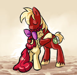 Size: 977x951 | Tagged: safe, artist:gsphere, imported from derpibooru, apple bloom, big macintosh, earth pony, pony, duo, eyes closed, hair bow, hug, male, siblings, stallion