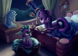 Size: 1984x1417 | Tagged: safe, artist:teenageteem, imported from derpibooru, spike, twilight sparkle, alicorn, dragon, pony, bed, bedroom, book, clock, cuckoo clock, duo, female, male, mare, night, reading, statue, telescope, twilight sparkle (alicorn), twilight's bedroom