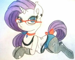 Size: 618x500 | Tagged: safe, artist:gingerthefox, imported from derpibooru, rarity, pony, unicorn, bow, clothes, duckface, ear piercing, earring, female, glasses, jewelry, piercing, ripped stockings, solo, stockings, tail, tail bow, traditional art