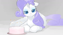 Size: 1280x720 | Tagged: safe, artist:bluedrg19, imported from derpibooru, rarity, pony, unicorn, bedroom eyes, cake, explicit source, eyeshadow, female, floppy ears, food, lidded eyes, looking at you, makeup, mare, prone, smiling, solo