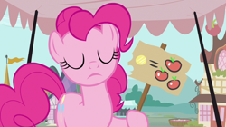 Size: 1280x719 | Tagged: safe, imported from derpibooru, screencap, pinkie pie, putting your hoof down, capitalism, eyes closed, female, prices, sign, solo