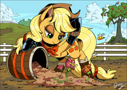 Size: 4200x2970 | Tagged: safe, artist:shira-hedgie, imported from derpibooru, applejack, bee, earth pony, pony, bandana, barrel, bedroom eyes, boots, clothes, earth pony magic, female, fence, flower, hat, lidded eyes, mare, smiling, solo, tree